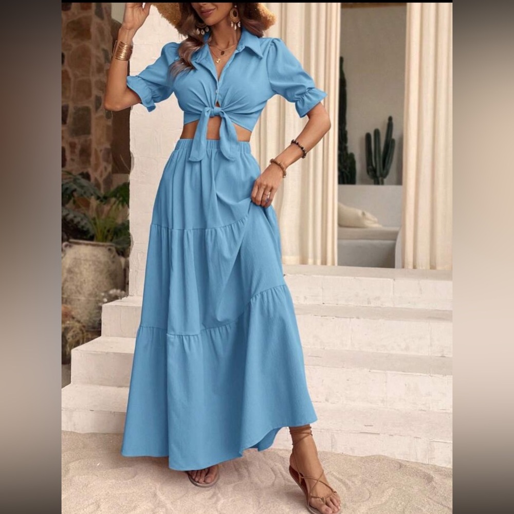 SHEIN Sky Blue 2 Piece Maxi Skirt Tie Top Set Size Small NWOT!!!
